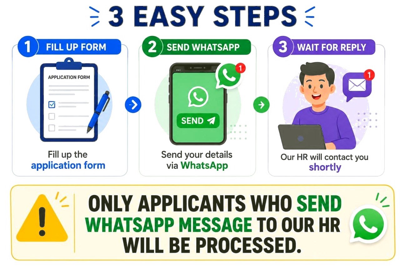 3 easy steps to apply: 1) fill up the application form, 2) send your details via WhatsApp, 3) our HR will reply you shortly. Only applicants who send a WhatsApp message to our HR will be processed.